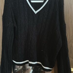 Black V-Neck Sweater with White Trim